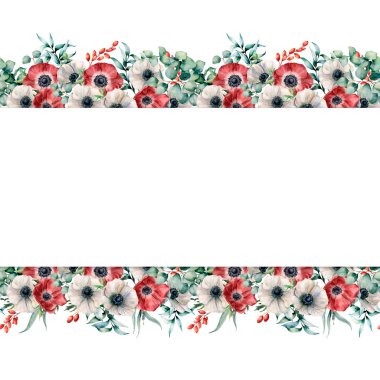 Kırmızı ve beyaz anemon ile suluboya sorunsuz banner. El çiçek Okaliptüs yaprakları ve dalları, beyaz arka plan üzerinde izole meyveleri ile boyalı. Çiçek zarif Gösterim amacıyla tasarım, yazdırma