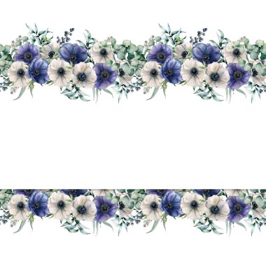 Mavi ve beyaz anemon ile suluboya sınır. El çiçek Okaliptüs yaprakları ve dalları, beyaz arka plan üzerinde izole meyveleri ile boyalı. Çiçek zarif Gösterim amacıyla tasarım, yazdırma