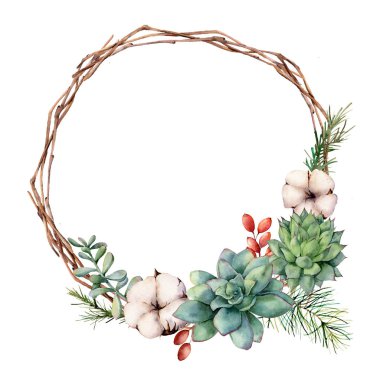 Suluboya kış çelenk succulents ile. El boyalı kaktüsler, biberiye, biberiye yaprakları ve dalları, pamuk çiçekler, meyveler, beyaz arka plan üzerinde izole ağacı çam. Botanik illüstrasyon.