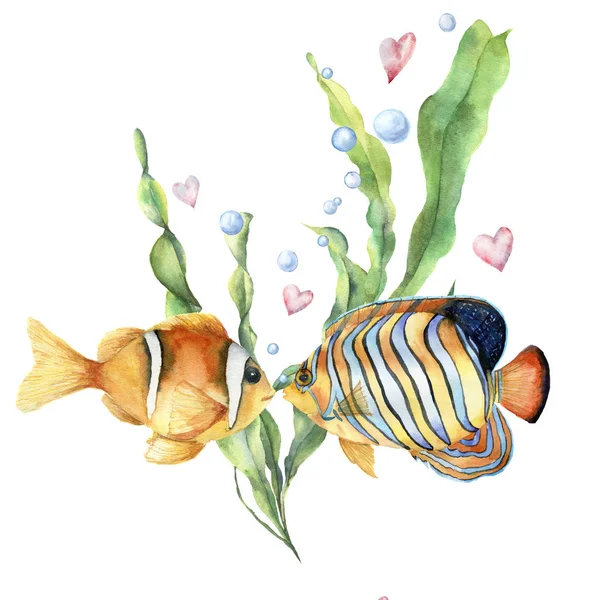 熱帯魚と水彩の愛のカードです。手描きのマコンブ葉と枝、2 種類の魚、空気の泡と白い背景で隔離の心。バレンタインの日の概念。休日の図. — ストック写真