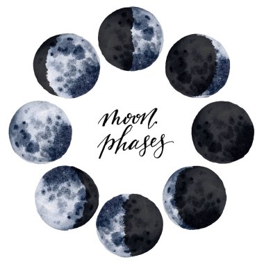 Suluboya çeşitli aşamaları beyaz arka plan üzerinde izole moon. Elle çizilmiş modern alan tasarımı için yazdırma, kart.