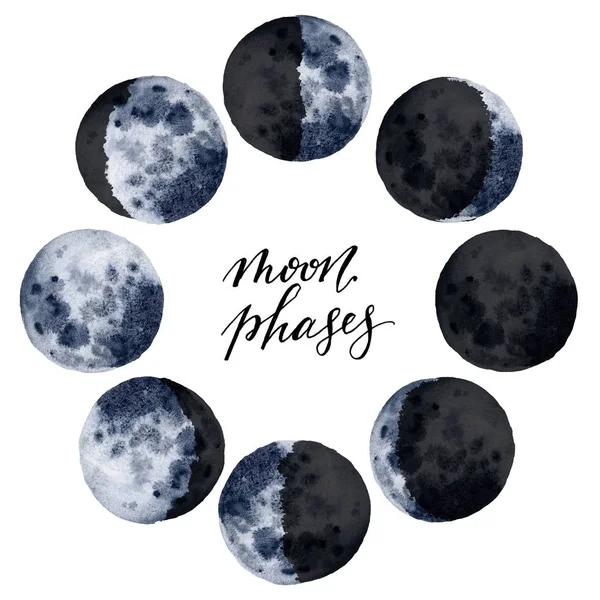 Aquarela várias fases da lua isolado no fundo branco. Design de espaço moderno desenhado à mão para impressão, cartão . — Fotografia de Stock