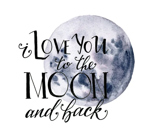 Carta luna acquerello per San Valentino. Luna blu disegnata a mano e ti amo alla luna e alla scritta posteriore isolata su sfondo bianco. Stampa moderna per il design . — Foto Stock