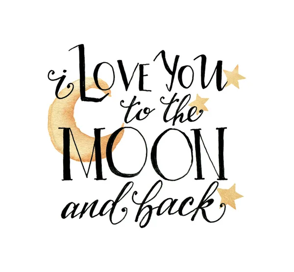 Acquerello biglietto di San Valentino con luna e stelle. Luna gialla disegnata a mano e ti amo alla luna e alla scritta posteriore isolata su sfondo bianco. Stampa moderna per il design . — Foto Stock