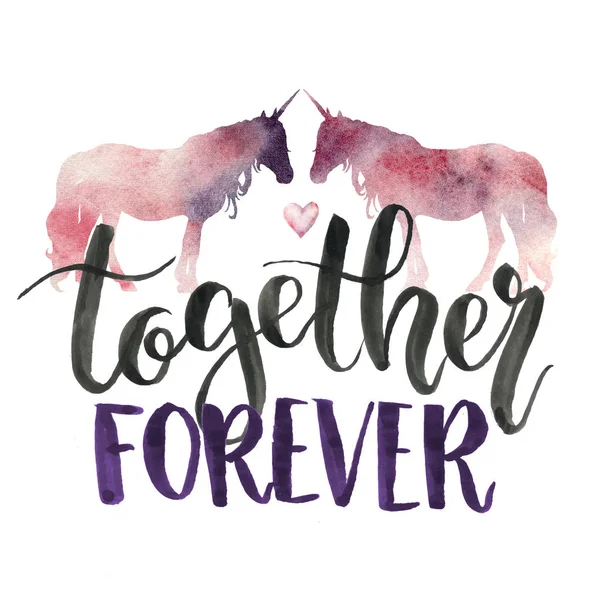 Watercolor Together forever card with unicorn silhouette. Hand painted unicorn, stars, lettering isolated on white background. Magic concept print for design