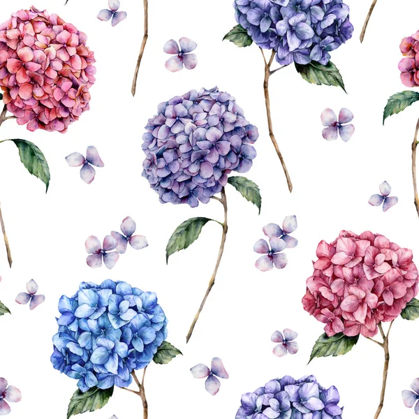 Aquarell rosa und blaue Hortensien nahtlose Muster. handbemalte blaue, violette, rosa Blüten mit Blättern und Zweigen isoliert auf weißem Hintergrund. Natur-botanische Illustration für Design, Druck — Stockfoto