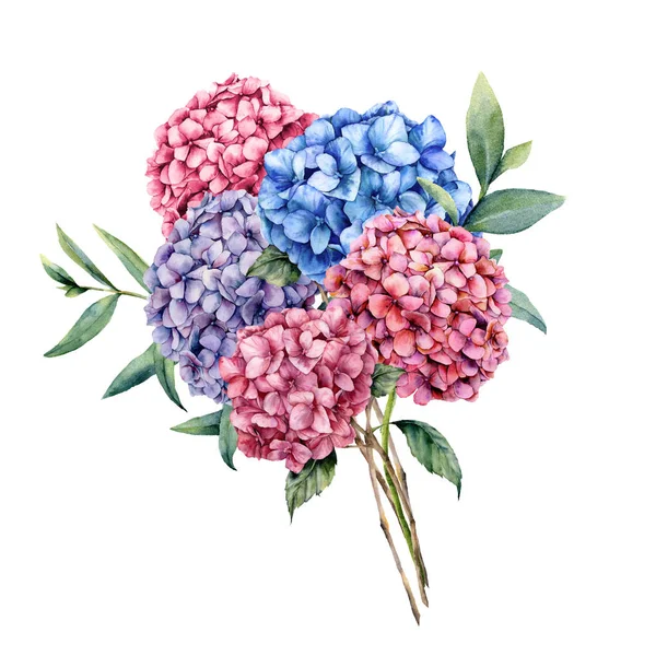 Watercolor elegance bouquet with hydrangea. Hand painted pink, blue and violet flowers with eucalyptus leaves and branch isolated on white background. Nature botanical illustration for design, print — Stock Photo, Image