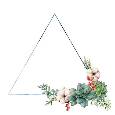 Suluboya üçgen kare succulents ile. Elle çizilmiş modern çiçek etiketle succulents yaprakları ve dalları, pamuk çiçekler, meyveler üzerinde beyaz izole. Şablon tasarım, yazdırma için tebrik