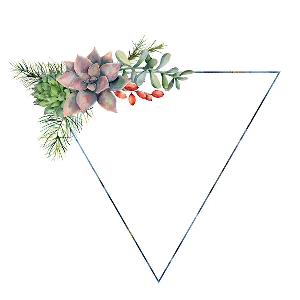 Watercolor triangle frame with succulents bouquet. Hand drawn modern floral label with succulents leaves and branches, berries isolated on white background. Greeting template for design, print — Stock Photo, Image