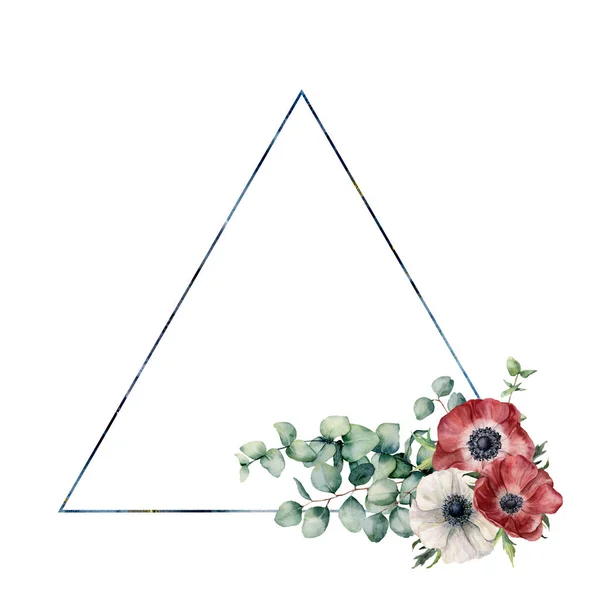 Watercolor triangle frame with anemone bouquet. Hand drawn modern floral label with eucalyptus leaves and branches, red and white anemone isolated on white background. Greeting template for design — Stock Photo, Image