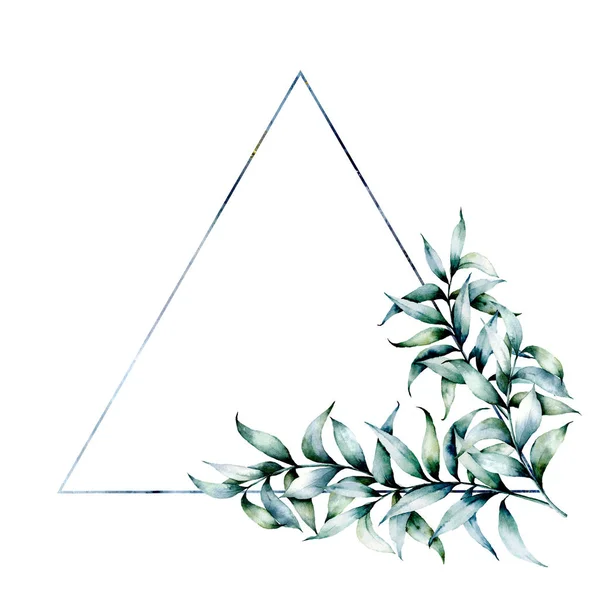 Marco triangular acuarela con eucalipto. Etiqueta floral moderna dibujada a mano con hojas de eucalipto y ramas aisladas sobre fondo blanco. Boda, plantilla de saludo para diseño, impresión — Foto de Stock