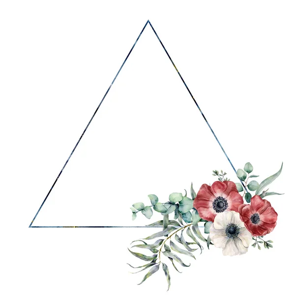 Рамка з акварельного трикутника з евкаліптом та букетом анемони. Рука намальована сучасною квітковою етикеткою з листям та гілками, червоні та білі квіти ізольовані на білому тлі. Шаблон привітання для дизайну — стокове фото