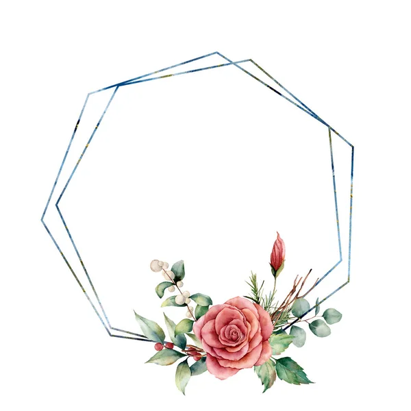 Akvarelu šestihranný rám s květinovým buketem. Ručně tažené moderní květinové štítek s eukalyptové listí a větví, růže, bobule izolovaných na bílém pozadí. S pozdravem šablon pro design, tisk — Stock fotografie