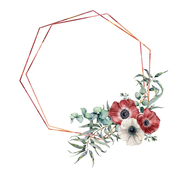 Watercolor hexagonal frame with anemone bouquet. Hand drawn modern floral label with eucalyptus leaves and branches, anemone flowers isolated on white background. Greeting template for design, print — Stock Photo, Image