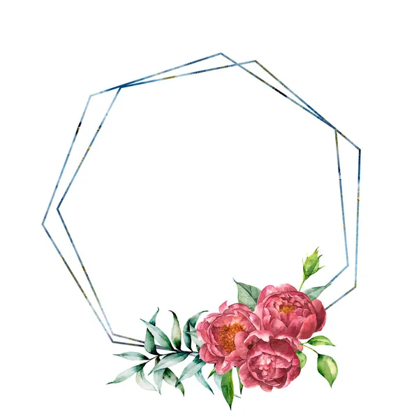 Cadre hexagonal aquarelle avec bouquet pivoine. Étiquette florale moderne dessinée à la main avec feuilles et branches d'eucalyptus, fleurs pivoines isolées sur fond blanc. Modèle de salutation pour la conception, impression — Photo