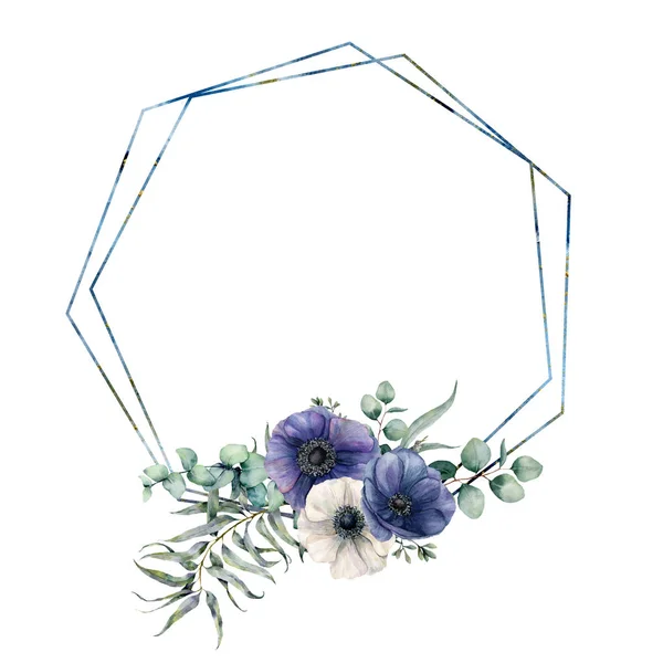 Cadre hexagonal aquarelle avec bouquet bleu anémone. Étiquette florale moderne dessinée à la main avec feuilles et branches d'eucalyptus, fleurs isolées sur fond blanc. Modèle de salutation pour la conception, impression — Photo