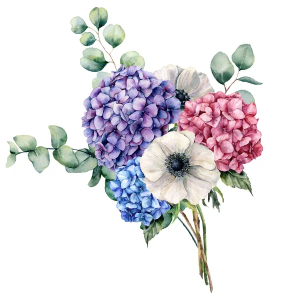 Akvarell elegans bukett med blommor. Hand målade rosa, blå och lila hortensia, vit anemone med eucalyptus blad och grenen isolerad på vit bakgrund. Botaniska illustration för design — Stockfoto