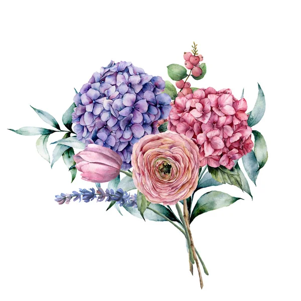 Ramo de acuarela con flores y eucalipto. Hortensia rosa y violeta pintada a mano, tulipán, lavanda, ranúnculo con hojas de eucalipto y rama aislada sobre fondo blanco para diseño, impresión — Foto de Stock