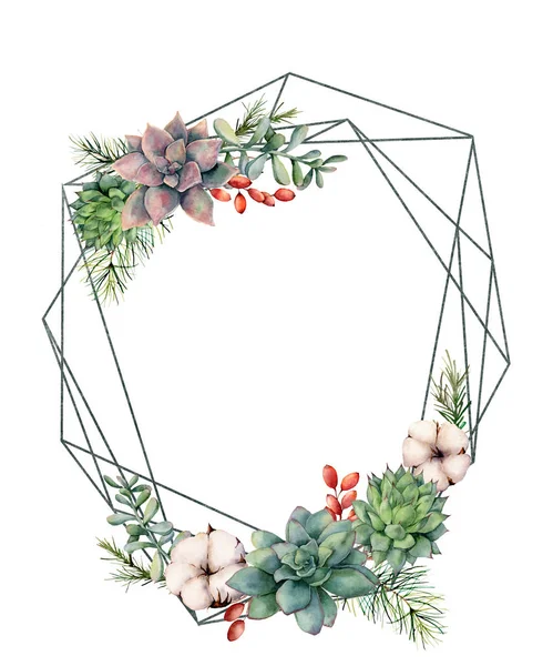 Aquarell polygonaler Rahmen mit Sukkulenten und Eukalyptus. Hand gezeichnetes modernes florales Etikett mit Eukalyptusblättern und Zweigen isoliert auf weiß. Hochzeit, Grußschablone für Design, Druck — Stockfoto