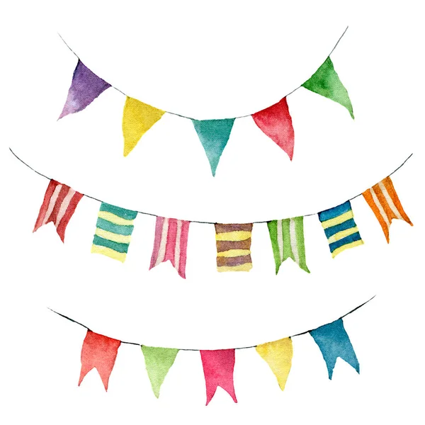 Watercolor flag garland set. Hand drawn vintage colorful flags garlands for holiday or birthday. Illustrations isolated on white background for design, print, fabric or background. — Stock Photo, Image