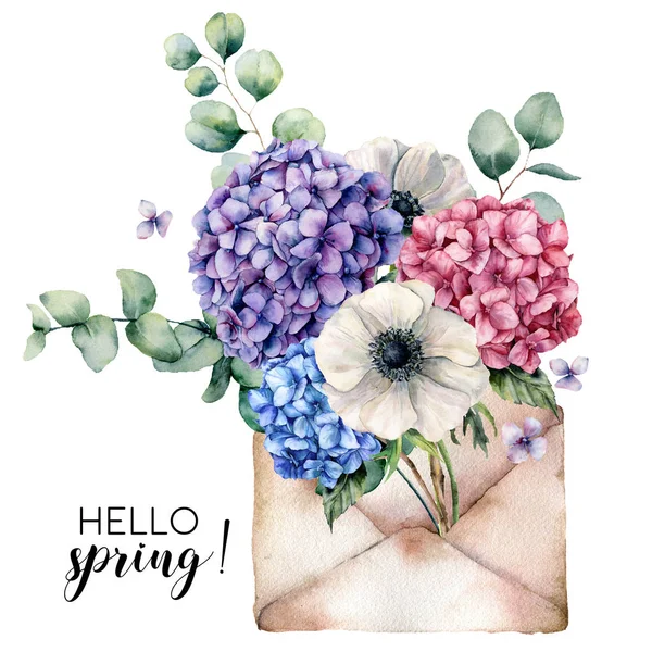 Hello spring card with bouquet and envelope. Ручная роспись гортензии, цветки анемона с листьями эвкалипта и ветки изолированы на белом фоне. Ботаническая иллюстрация для дизайна . — стоковое фото