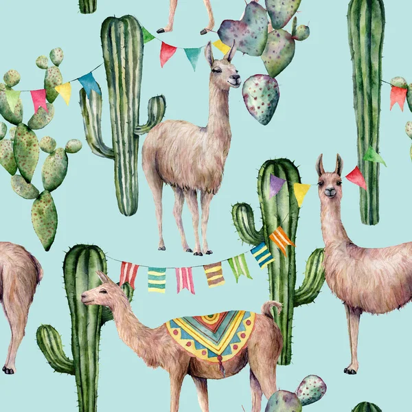 Aquarelle motif sans couture avec lama, cactus et guirlande drapeau. Peint à la main belle illustration avec des animaux et floral sur fond bleu pastel. Pour la conception, l'impression, le tissu ou le fond . — Photo