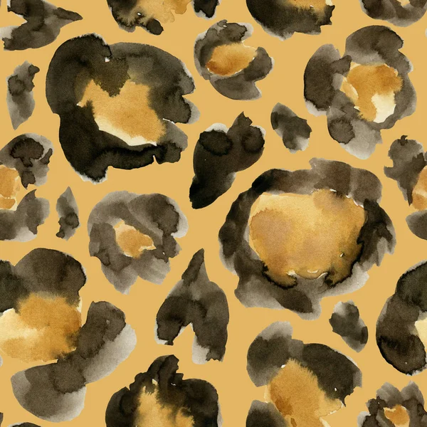 Watercolor leopard camouflage seamless pattern. Hand painted beautiful illustration with animal points isolated on orange background. For design, print, fabric or background.