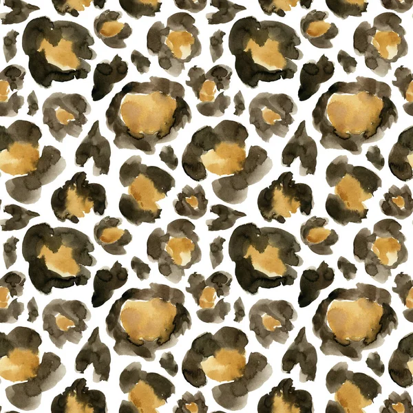 Watercolor leopard camouflage big seamless pattern. Hand painted beautiful illustration with animal points isolated on white background. For design, print, fabric or background.