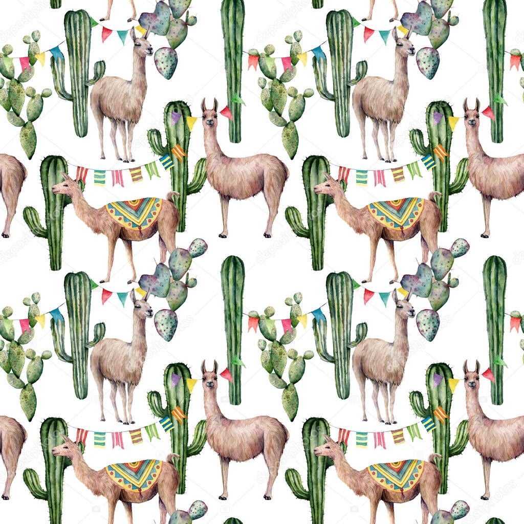 Watercolor seamless pattern with llama, flag garland and cacti. Hand painted beautiful illustration with animals and floral on white background. For design, print, fabric or background.