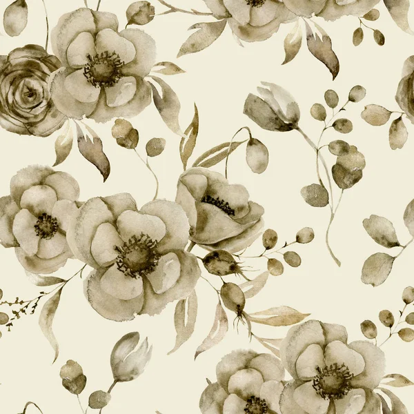 水彩モノクロ アネモネやチューリップ シームレス パターン。手描きのセピア色の花とベリー ユーカリの葉と枝デザイン、印刷またはファブリックのヴィンテージ背景に分離. — ストック写真