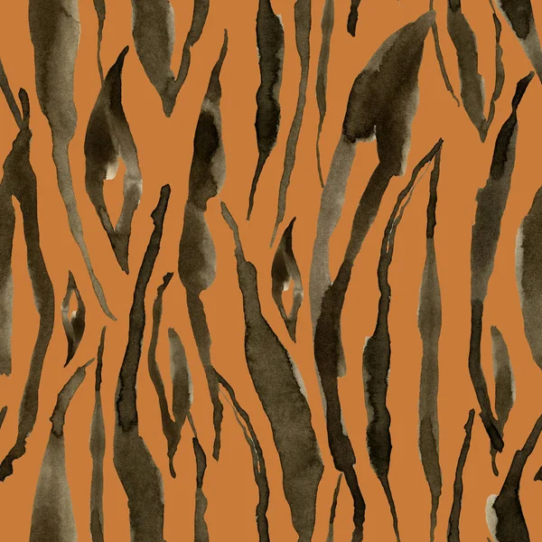 Watercolor tiger stripes seamless pattern. Hand painted beautiful illustration with animal stripes isolated on orange background. For design, print, fabric or background. — Stock Photo, Image