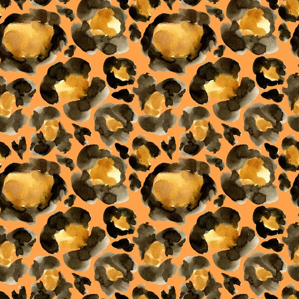 Watercolor leopard bright camouflage seamless pattern. Hand painted beautiful illustration with animal points isolated on orange background. For design, print, fabric or background.