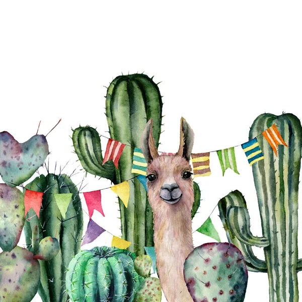 Watercolor card with llama looks out from the thickets of the cactus bushes. Hand painted illustration with floral and flag garland on white background. For design, print, fabric or background. — Stock Photo, Image