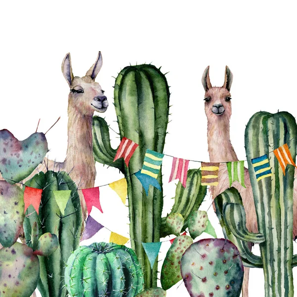 Carte aquarelle avec une paire de lamas jetez un coup d'oeil hors des buissons de cactus. Illustration peinte à la main avec animaux, guirlande florale et drapeau sur fond blanc. Pour la conception, l'impression, le tissu ou le fond . — Photo