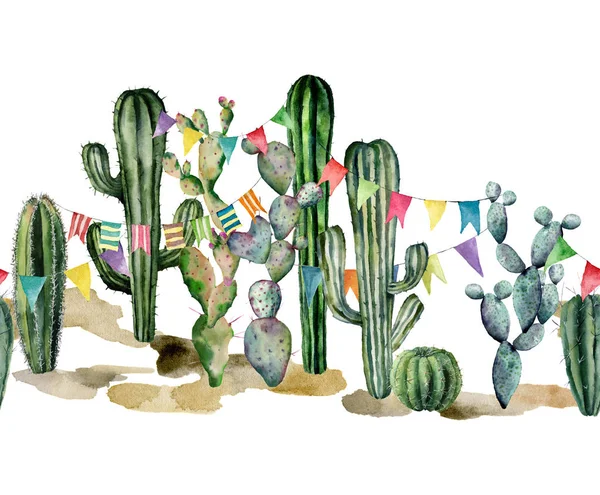 Guirlande de drapeau de frontière sans couture aquarelle sur les cactus. Illustration florale peinte à la main avec des plantes et des guirlandes drapeau sur fond blanc. Pour la conception, l'impression, le tissu ou le fond . — Photo