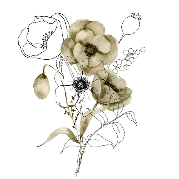 Aquarell und Skizze von Grün und Anemonenstrauß. handbemalte Blumen und Beeren mit Eukalyptusblättern und Zweigen isoliert auf weißem Hintergrund für Design, Druck oder Stoff. — Stockfoto