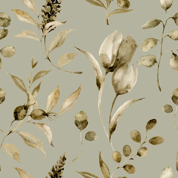 Akwarela monochromatyczne tulip jednolity wzór. Ręcznie malowane kwiaty sepii i jagody z liści eukaliptusa i gałęzi na białym tle na tło dla projektowania, Drukuj lub tkaniny. — Zdjęcie stockowe