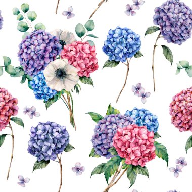 Sulu Boya Dikişsiz desen ortanca ve anemon çiçeği. Elle çizilmiş ortanca, anemon çiçeği, okaliptüs yaprakları ve beyaz arka plan üzerinde izole şube. Tasarım, yazdırma veya kumaş için.