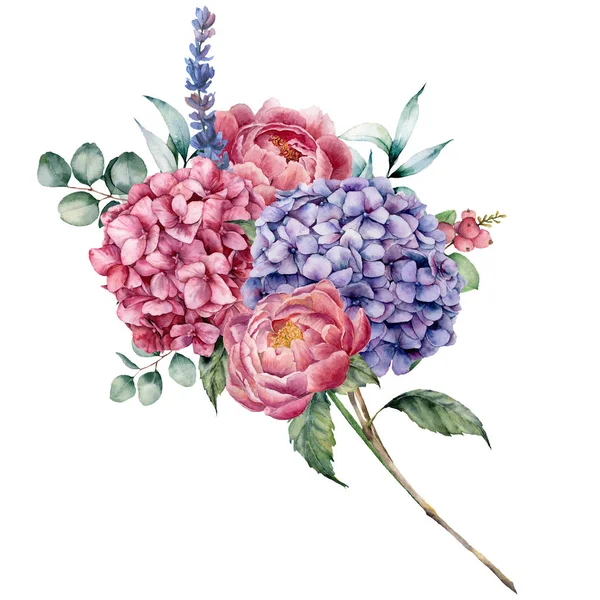 水彩画の紫陽花と牡丹の花束。手描きのピンクと紫の花、ラベンダーとユーカリの葉デザイン、白い背景で隔離の印刷. — ストック写真