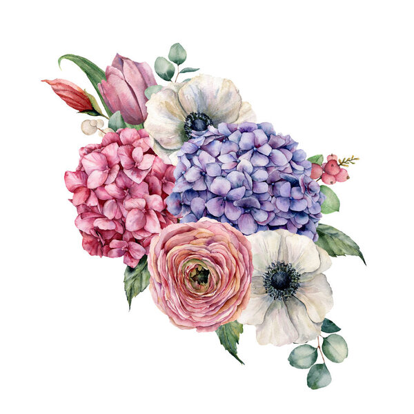 Watercolor hydrangea flowers bouquet. Hand painted pink and violet hydrangea, tulip, anemone and ranunculus with eucalyptus leaves isolated on white background for design, print.