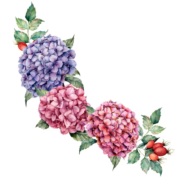 Aquarell-Hortensie und Hunderosenstrauß. handbemalte rosa und violette Blüten mit Eukalyptusblättern isoliert auf weißem Hintergrund für Design, Druck. — Stockfoto