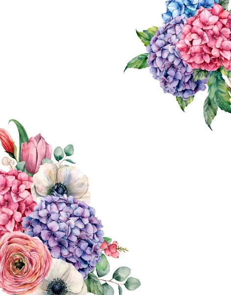 Aquarel kaart met de hydrangea bloemen boeket. Hand geschilderd roze en violet hortensia, tulp, anemone en ranunculus met eucalyptus bladeren geïsoleerd op witte achtergrond voor ontwerp, afdrukken. — Stockfoto