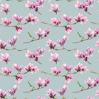 Suluboya Manolya çiçek seamless modeli. Çiçek el boyalı ve pastel mavi arka plan üzerinde izole dalı yeşil yaprakları. Çiçek gösterim amacıyla tasarım, baskı, kumaş veya arka plan.