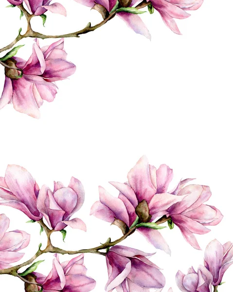 Magnolia acquerello e foglie carta verticale. Bordo dipinto a mano con fiori su ramo isolato su sfondo bianco. Illustrazione floreale elegante per design, stampa . — Foto Stock