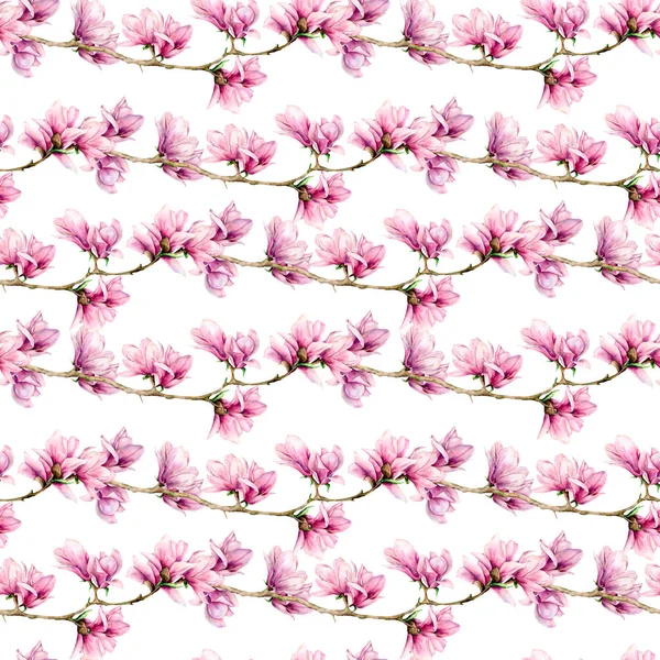 Magnolia acquerello e lascia grande modello senza soluzione di continuità. Fiori dipinti a mano e foglie verdi su ramo isolato su sfondo bianco. Illustrazione floreale per design, stampa, tessuto o sfondo . — Foto Stock