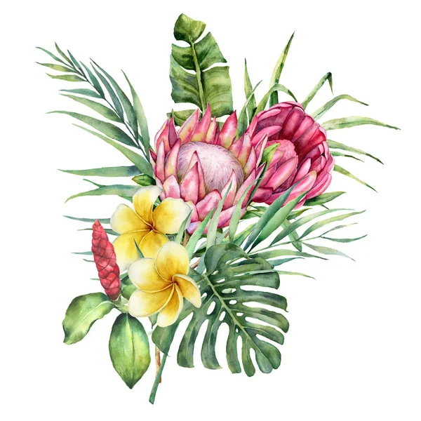 Watercolor bouquet with tropical flowers. Hand painted protea, plumeria and palm leaves isolated on white background. Nature botanical illustration for design, print. Realistic delicate plant.