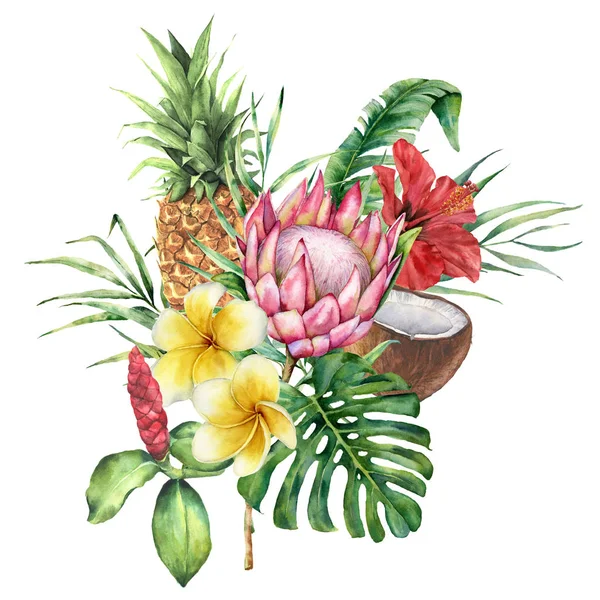 Aquarelle fleurs tropicales et bouquet de fruits. Protéines peintes à la main, hibiscus, plumeria, feuilles isolées sur fond blanc. Nature illustration botanique pour la conception, impression. Plante délicate réaliste . — Photo