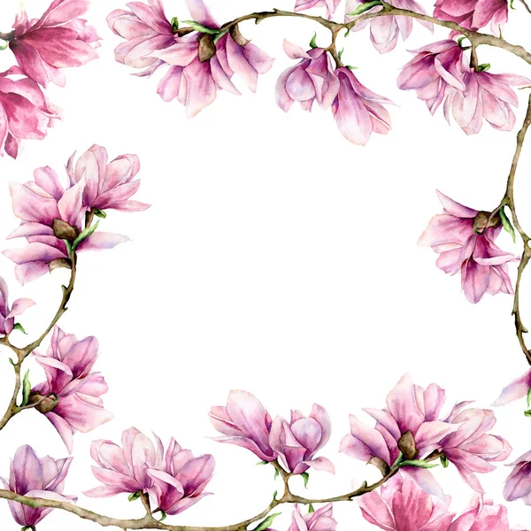 Magnolia ad acquerello e foglie quadrate. Bordo dipinto a mano con fiori su ramo isolato su sfondo bianco. Illustrazione floreale elegante per design, stampa . — Foto Stock