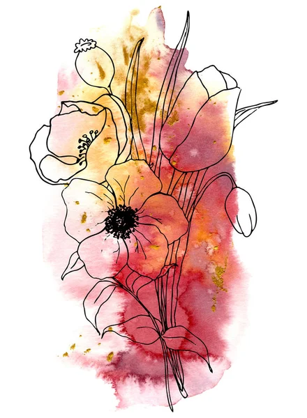 เวกเตอร์สเก็ตช์สีเขียวและช่อดอกไม้ anemone ดอกไม้ที่วาดด้วยมือและผลเบอร์รี่ที่มีใบยูคาลิปตัสและสาขาและพื้นหลังสีน้ําแยกจากสีขาวสําหรับการออกแบบการพิมพ์หรือผ้า . — ภาพเวกเตอร์สต็อก