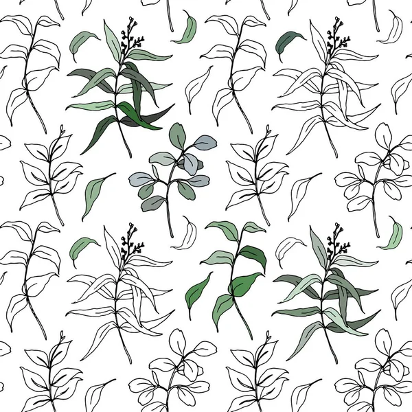 Bosquejo vectorial eucalipto deja gran patrón sin costura. Hojas y ramas de eucalipto pintadas a mano aisladas sobre fondo blanco para diseño, estampado o tela . — Vector de stock
